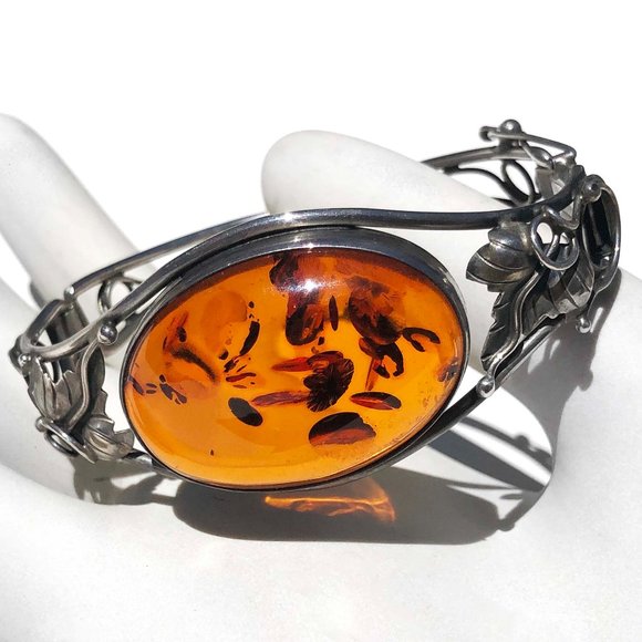 Vintage Jewelry - Vintage Large Baltic Honey Amber Sterling Cuff